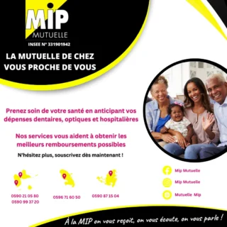 Nous vous proposons bien plus qu’une simple couverture santé :
c’est un accompagnement de proximité, des solutions adaptées à chaque étape de votre vie, et la certitude d’être conseillé par nos équipes qui comprennent vos besoins.

👉 Que vous soyez salarié, indépendant, retraité ou parent, nous avons des offres santé et prévoyance pensées pour vous protéger face aux imprévus et vous garantir les meilleurs remboursements.

Notre force ? La proximité. Présente en Guadeloupe, en Martinique et à Saint-Martin, la MIP est “la Mutuelle proche de chez vous”, toujours disponible pour vous écouter, vous guider et vous accompagner.

Avec nous, vous n’êtes jamais seul face à vos dépenses de santé. Ensemble, construisons une protection durable pour vous et vos proches ! 💛

📲 Contactez-nous dès aujourd’hui pour découvrir nos offres personnalisées !

#MIPMutuelle #SantéPourTous #Prévoyance #Antilles #MutuelleLocale #Proximité
